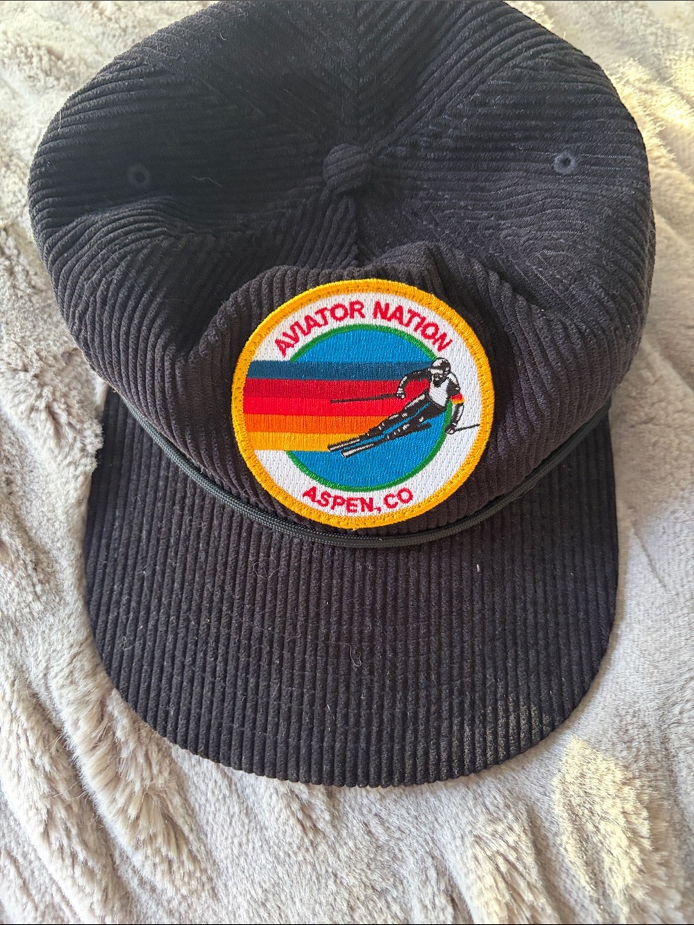 Aviator Nation Black Corduroy Patch Cap with Rainbow Ski Graphic